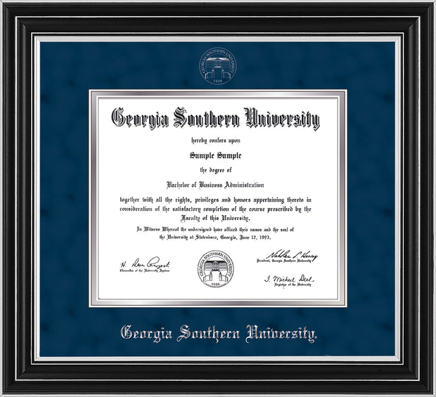 Image of Georgia Southern University Diploma Frame - Satin Silver - w/Silver Embossed Seal & Name - Navy Suede on Silver mat