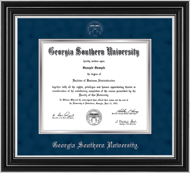 Image of Georgia Southern University Diploma Frame - Satin Silver - w/Silver Embossed Seal & Name - Navy Suede on Silver mat