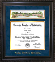Image of Georgia Southern University Diploma Frame - Vintage Black Scoop - w/Embossed School Name Only - Campus Collage - Navy Suede on Gold mat