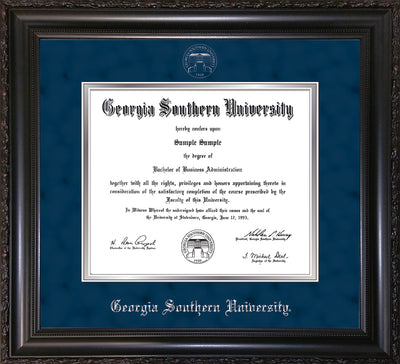 Image of Georgia Southern University Diploma Frame - Vintage Black Scoop - w/Silver Embossed Seal & Name - Navy Suede on Silver mat