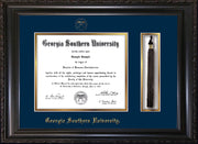 Image of Georgia Southern University Diploma Frame - Vintage Black Scoop - w/Embossed Seal & Name - Tassel Holder - Navy on Gold mat