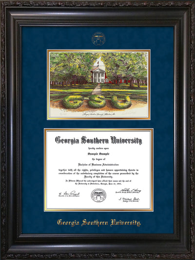 Image of Georgia Southern University Diploma Frame - Vintage Black Scoop - w/Embossed Seal & Name - Watercolor - Navy Suede on Gold mat