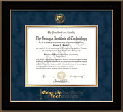 Image of Georgia Tech Diploma Frame - Honors Black Satin - w/Embossed Seal & Wordmark - Navy Suede on Gold Mat