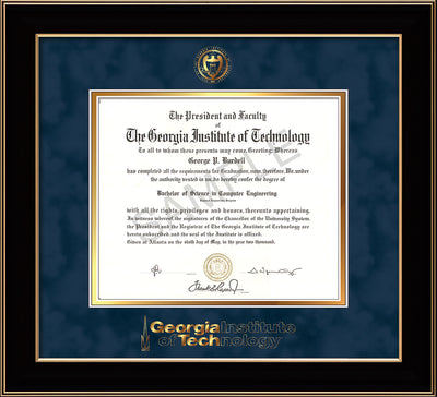 Image of Georgia Tech Diploma Frame - Honors Black Satin - w/Embossed Seal & Wordmark - Navy Suede on Gold Mat
