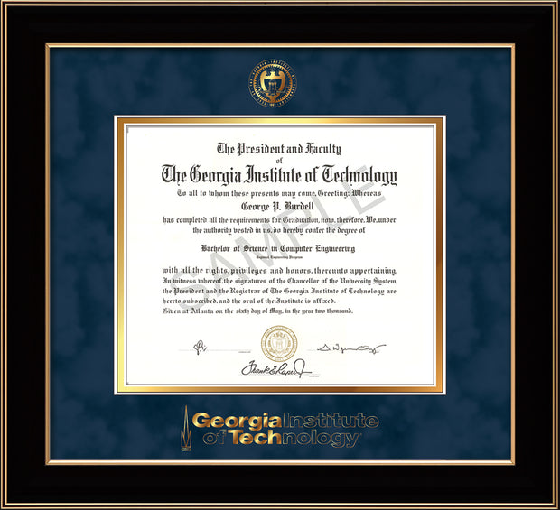 Image of Georgia Tech Diploma Frame - Honors Black Satin - w/Embossed Seal & Wordmark - Navy Suede on Gold Mat