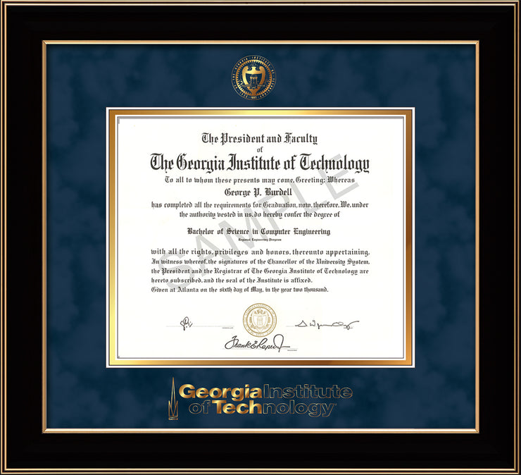 Image of Georgia Tech Diploma Frame - Honors Black Satin - w/Embossed Seal & Wordmark - Navy Suede on Gold Mat