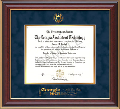 Image of Georgia Tech Diploma Frame - Cherry Lacquer - w/Embossed Seal & Wordmark - Navy Suede on Gold Mat