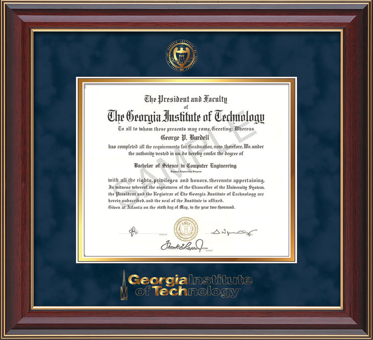 Image of Georgia Tech Diploma Frame - Cherry Lacquer - w/Embossed Seal & Wordmark - Navy Suede on Gold Mat