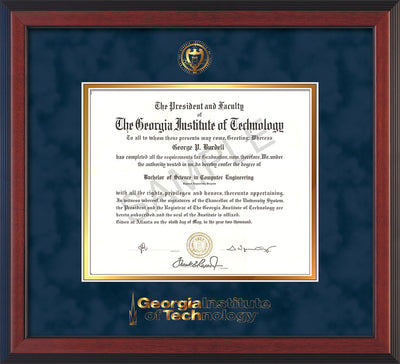 Image of Georgia Tech Diploma Frame - Cherry Reverse - w/Embossed Seal & Wordmark - Navy Suede on Gold Mat