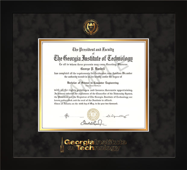 Image of Georgia Tech Diploma Frame - Flat Matte Black - w/Embossed Seal & Wordmark - Black Suede on Gold Mat