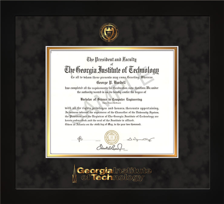 Image of Georgia Tech Diploma Frame - Flat Matte Black - w/Embossed Seal & Wordmark - Black Suede on Gold Mat