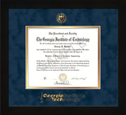 Image of Georgia Tech Diploma Frame - Flat Matte Black - w/Embossed Seal & Wordmark - Navy Suede on Gold Mat
