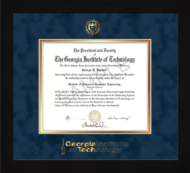 Image of Georgia Tech Diploma Frame - Flat Matte Black - w/Embossed Seal & Wordmark - Navy Suede on Gold Mat