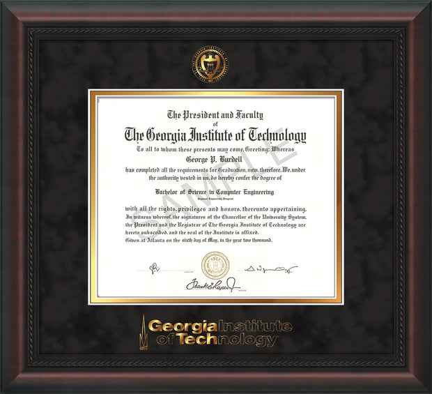 Image of Georgia Tech Diploma Frame - Mahogany Braid - w/Embossed Seal & Wordmark - Black Suede on Gold Mat