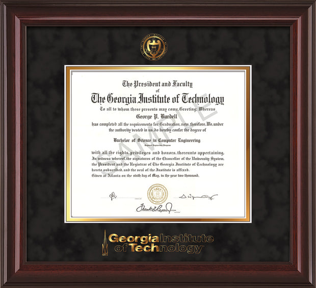 Image of Georgia Tech Diploma Frame - Mahogany Lacquer - w/Embossed Seal & Wordmark - Black Suede on Gold Mat