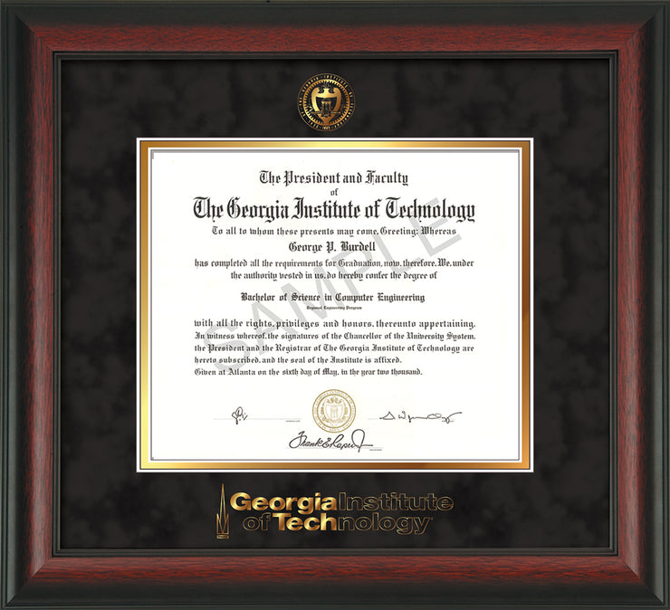Image of Georgia Tech Diploma Frame - Rosewood - w/Embossed Seal & Wordmark - Black Suede on Gold Mat
