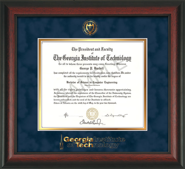 Image of Georgia Tech Diploma Frame - Rosewood - w/Embossed Seal & Wordmark - Navy Suede on Gold Mat