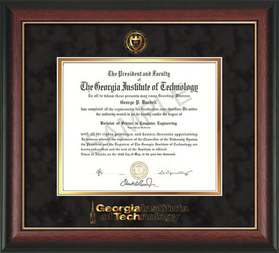 Image of Georgia Tech Diploma Frame - Rosewood with Gold Lip - w/Embossed Seal & Wordmark - Black Suede on Gold Mat