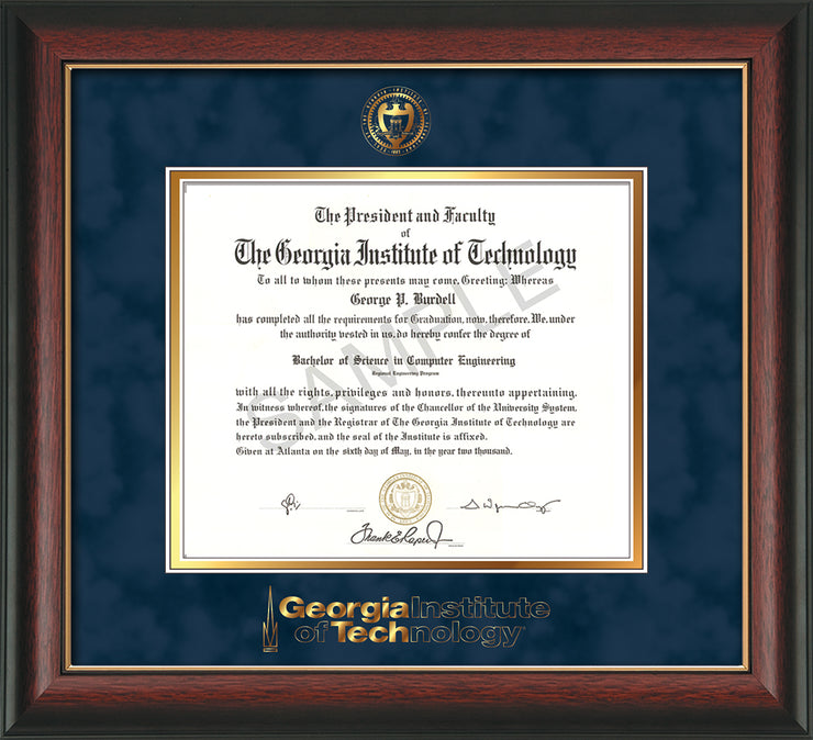 Image of Georgia Tech Diploma Frame - Rosewood with Gold Lip - w/Embossed Seal & Wordmark - Navy Suede on Gold Mat