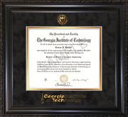 Image of Georgia Tech Diploma Frame - Vintage Black Scoop - w/Embossed Seal & Wordmark - Black Suede on Gold Mat