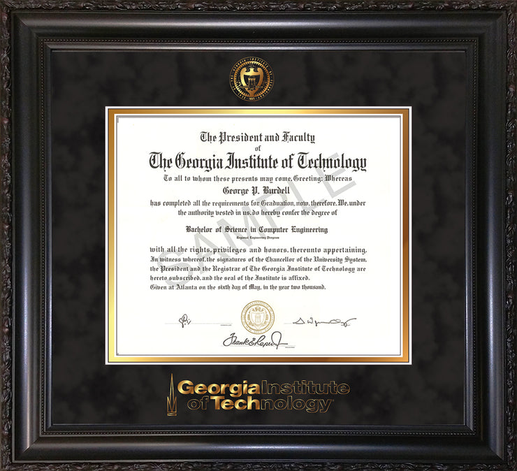Image of Georgia Tech Diploma Frame - Vintage Black Scoop - w/Embossed Seal & Wordmark - Black Suede on Gold Mat