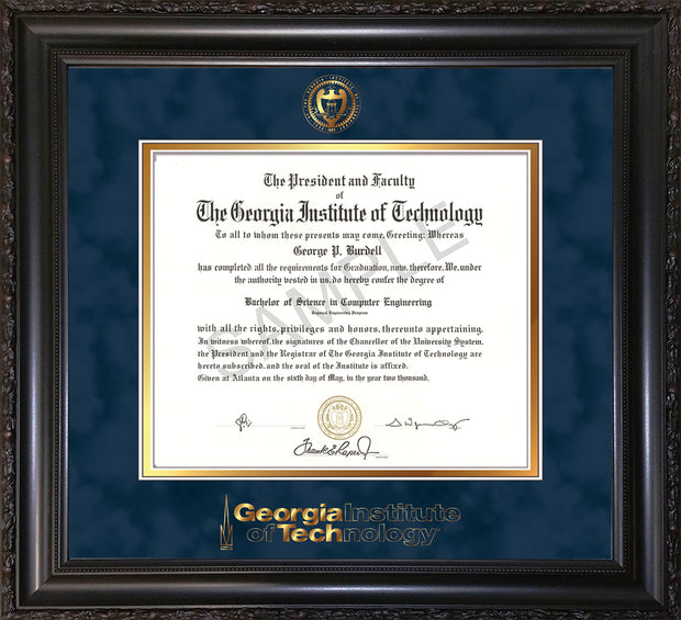 Image of Georgia Tech Diploma Frame - Vintage Black Scoop - w/Embossed Seal & Wordmark - Navy Suede on Gold Mat