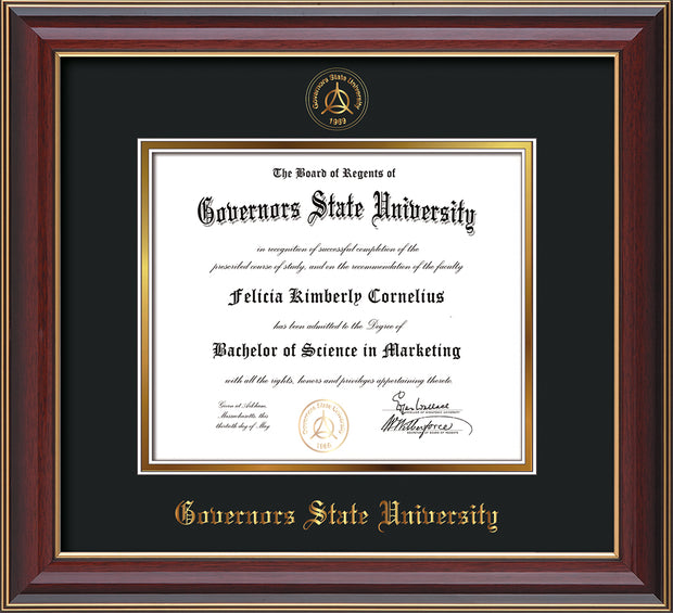 Image of Governor's State University Diploma Frame - Cherry Lacquer - w/Embossed GSU Seal & Name - Black on Gold mat