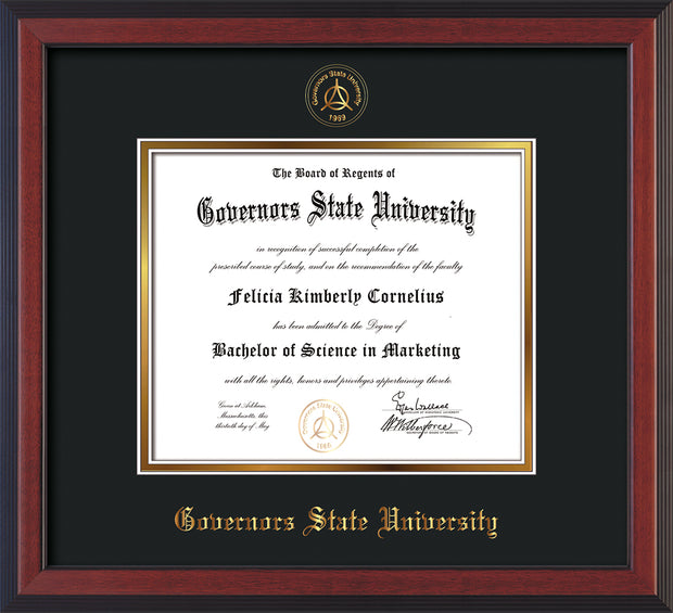 Image of Governor's State University Diploma Frame - Cherry Reverse- w/Embossed GSU Seal & Name - Black on Gold mat