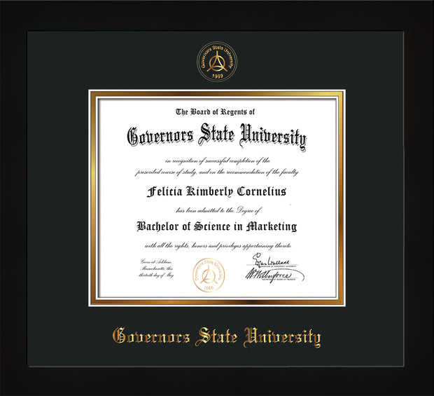 Image of Governor's State University Diploma Frame - Flat Matte Black- w/Embossed GSU Seal & Name - Black on Gold mat