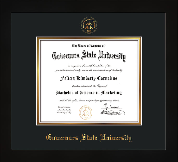 Image of Governor's State University Diploma Frame - Flat Matte Black- w/Embossed GSU Seal & Name - Black on Gold mat