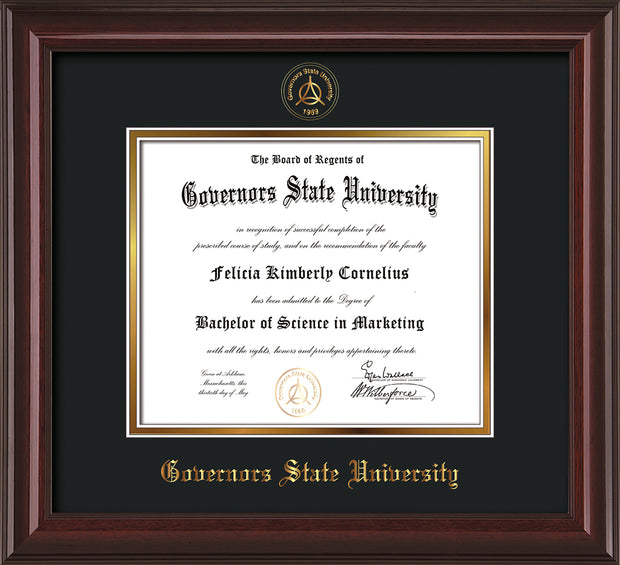 Image of Governor's State University Diploma Frame - Mahogany Lacquer - w/Embossed GSU Seal & Name - Black on Gold mat