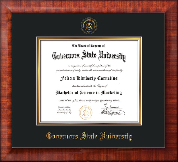 Image of Governor's State University Diploma Frame - Mezzo Gloss - w/Embossed GSU Seal & Name - Black on Gold mat