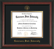 Governor's State University Diploma Frame - Rosewood - w/Embossed GSU Seal & Name - Black on Gold mat