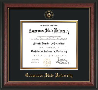 Image of Governor's State University Diploma Frame - Rosewood w/Gold Lip - w/Embossed GSU Seal & Name - Black on Gold mat