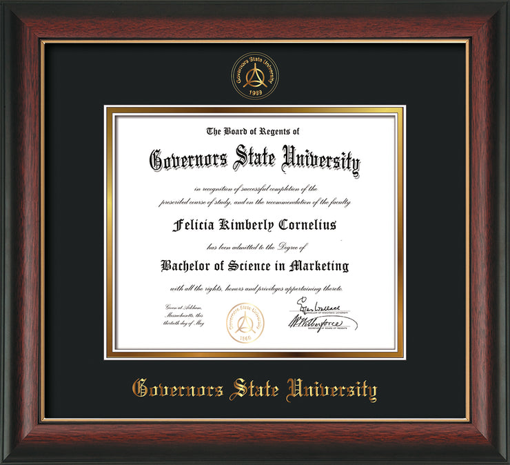 Image of Governor's State University Diploma Frame - Rosewood w/Gold Lip - w/Embossed GSU Seal & Name - Black on Gold mat