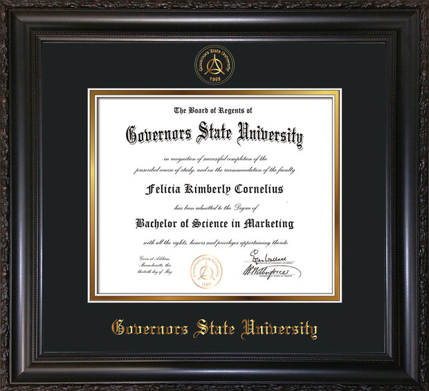 Image of Governor's State University Diploma Frame - Vintage Black Scoop - w/Embossed GSU Seal & Name - Black on Gold mat