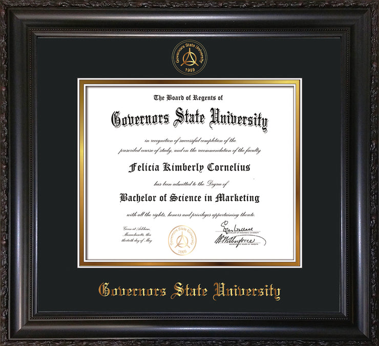 Image of Governor's State University Diploma Frame - Vintage Black Scoop - w/Embossed GSU Seal & Name - Black on Gold mat