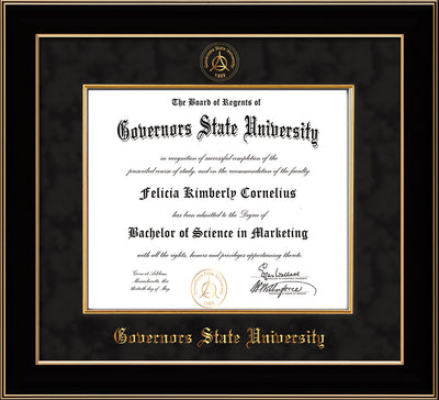 Image of Governor's State University Diploma Frame - Black Lacquer - w/Embossed GSU Seal & Name - Fillet - Black Suede mat
