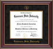 Image of Governor's State University Diploma Frame - Cherry Lacquer - w/Embossed GSU Seal & Name - Fillet - Black Suede mat