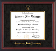 Image of Governor's State University Diploma Frame - Cherry Reverse - w/Embossed GSU Seal & Name - Fillet - Black Suede mat