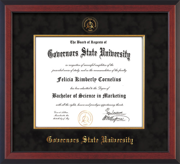 Image of Governor's State University Diploma Frame - Cherry Reverse - w/Embossed GSU Seal & Name - Fillet - Black Suede mat