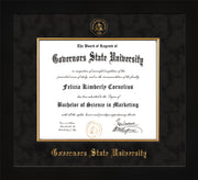 Image of Governor's State University Diploma Frame - Flat Matte Black - w/Embossed GSU Seal & Name - Fillet - Black Suede mat