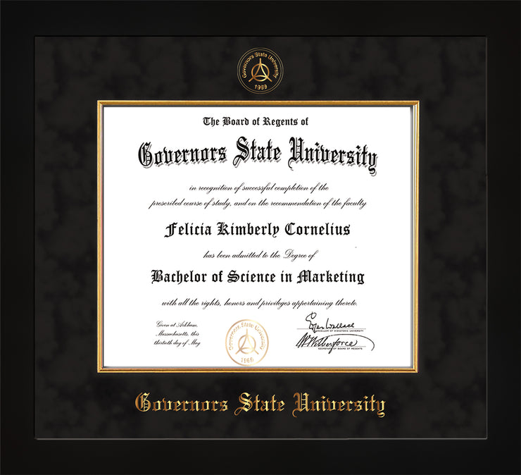 Image of Governor's State University Diploma Frame - Flat Matte Black - w/Embossed GSU Seal & Name - Fillet - Black Suede mat