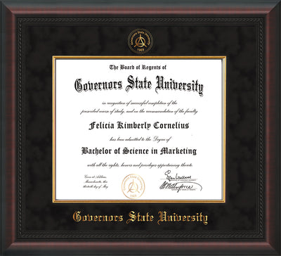 Image of Governor's State University Diploma Frame - Mahogany Braid - w/Embossed GSU Seal & Name - Fillet - Black Suede mat