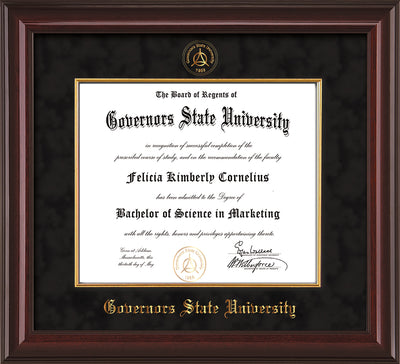 Image of Governor's State University Diploma Frame - Mahogany Lacquer - w/Embossed GSU Seal & Name - Fillet - Black Suede mat