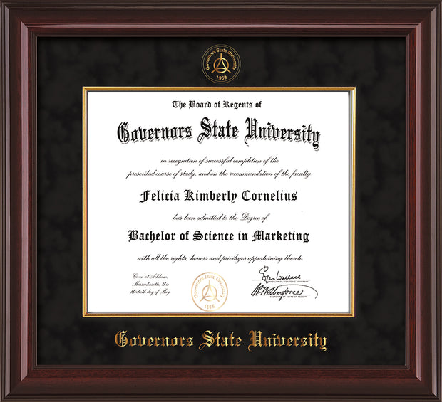 Image of Governor's State University Diploma Frame - Mahogany Lacquer - w/Embossed GSU Seal & Name - Fillet - Black Suede mat