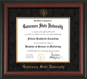 Image of Governor's State University Diploma Frame - Rosewood - w/Embossed GSU Seal & Name - Fillet - Black Suede mat
