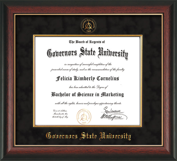 Image of Governor's State University Diploma Frame - Rosewood w/Gold Lip - w/Embossed GSU Seal & Name - Fillet - Black Suede mat