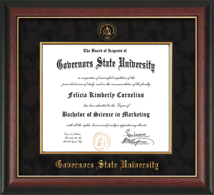 Image of Governor's State University Diploma Frame - Rosewood w/Gold Lip - w/Embossed GSU Seal & Name - Fillet - Black Suede mat