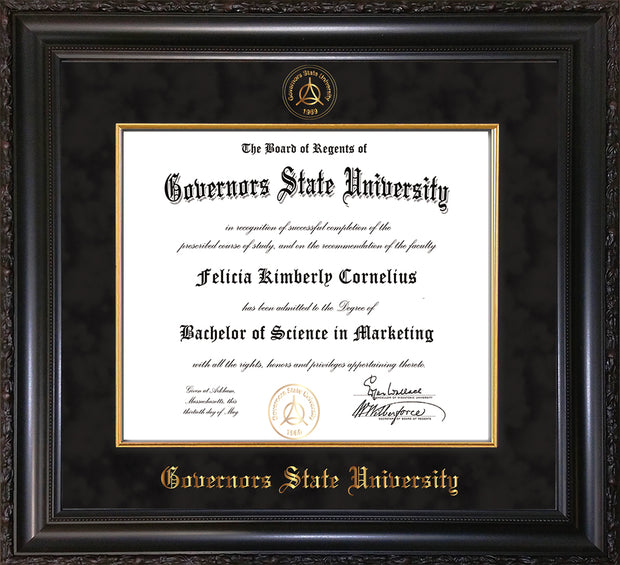 Image of Governor's State University Diploma Frame - Vintage Black Scoop - w/Embossed GSU Seal & Name - Fillet - Black Suede mat